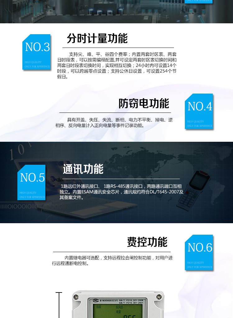 海興DDZY208單相電能表主要功能
　　計量功能
　　具有正向、反向及組合有功電能計量的功能，組合有功電能可根據正反向有功電能進(jìn)行按需配置。
　　分時(shí)計量功能
　　支持尖、峰、平、谷四個(gè)費率;內置兩套時(shí)區表、兩套日時(shí)段表，可以按需編程配置,并可設定兩套時(shí)區表切換時(shí)間和兩套日時(shí)段表切換時(shí)間，實(shí)現相互切換;24小時(shí)內可設置14個(gè)時(shí)段，可以跨越零點(diǎn)設置;支持公休日設置，可設置254個(gè)節假日。
　　測量功能
　　能測量電壓、電流、功率以及功率因數等電網(wǎng)參數，零線(xiàn)電流測量功能可選配。測量準確度高，可以達到1級以?xún)葮藴省?
　　數據存儲功能
　　支持多種凍結方式，包括：日凍結、整點(diǎn)凍結、定時(shí)凍結、瞬時(shí)凍結、約定凍結。
　　事件記錄功能
　　分別記錄最近10次掉電、編程、校時(shí)、開(kāi)表蓋、跳閘、合閘、事件清零、電表清零。
　　通信功能
　　具備1路遠紅外通訊接口、 1路RS-485通訊接口，兩路通訊端口互相獨立。通訊規約符合DL/T645-2007及其備案文件。
　　費控功能
　　內置繼電器，支持遠程拉合閘控制功能，對用戶(hù)進(jìn)行遠程通斷電控制。采用20位數字碼的形式實(shí)現虛擬介質(zhì)充值，安全可靠，管理靈活方便。支持遠程充值和本地遙控器充值，充值靈活便捷。
　　用戶(hù)交互界面
　　采用大屏幕液晶顯示，提供豐富的圖形或文字提示信息;顯示內容可通過(guò)按鍵循環(huán)查詢(xún)，顯示項目可通過(guò)通信口按需配置;提供液晶背光，方便查看。支持停電喚醒功能，能通過(guò)按鍵或非接觸方式喚醒電能表，實(shí)現屏幕顯示抄讀電量和紅外通信口抄讀電量等數據。
