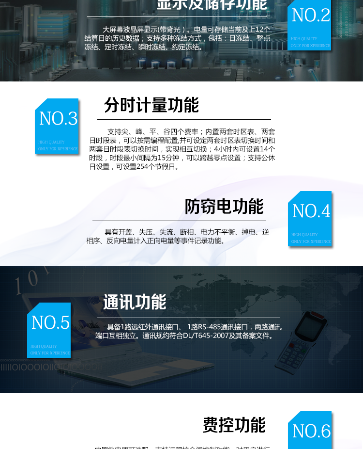 海興DTZY208三相四線(xiàn)電能表主要功能
　　計量功能
　　具有正、反向有功電能量、四象限無(wú)功電能量計量功能，并可據此設置組合有功和組合無(wú)功電能量。
　　分時(shí)計量功能
　　支持尖、峰、平、谷四個(gè)費率;內置兩套時(shí)區表、兩套日時(shí)段表，可以按需編程配置,并可設定兩套時(shí)區表切換時(shí)間和兩套日時(shí)段表切換時(shí)間，實(shí)現相互切換;4小時(shí)內可設置14個(gè)時(shí)段，時(shí)段最小間隔為15分鐘，可以跨越零點(diǎn)設置;支持公休日設置，可設置254個(gè)節假日。
　　測量功能
　　能測量電壓、電流、功率以及功率因數等電網(wǎng)參數;具有正反向有功、四象限無(wú)功最大需量測量功能。測量準確度高，可以達到0.5級以?xún)葮藴省?
　　數據存儲功能
　　支持多種凍結方式，包括：日凍結、整點(diǎn)凍結、定時(shí)凍結、瞬時(shí)凍結、約定凍結。
　　事件記錄功能
　　分別記錄最近10次掉電、編程、校時(shí)、開(kāi)表蓋、跳閘、合閘、事件清零、電表清零。
　　通信功能
　　具備1路遠紅外通訊接口、 1路RS-485通訊接口，兩路通訊端口互相獨立。通訊規約符合DL/T645-2007及其備案文件。
　　費控功能
　　內置繼電器可選配，支持遠程拉合閘控制功能，對用戶(hù)進(jìn)行遠程通斷電控制。采用20位數字碼的形式實(shí)現虛擬介質(zhì)充值，安全可靠，管理靈活方便。支持遠程充值和本地遙控器充值，充值靈活便捷。
　　用戶(hù)交互界面
　　采用大屏幕液晶顯示，提供豐富的圖形或文字提示信息;顯示內容可通過(guò)按鍵循環(huán)查詢(xún)，顯示項目可通過(guò)通信口按需配置;提供液晶背光，方便查看。支持停電喚醒功能，能通過(guò)按鍵或非接觸方式喚醒電能表，實(shí)現屏幕顯示抄讀電量和紅外通信口抄讀電量等數據。