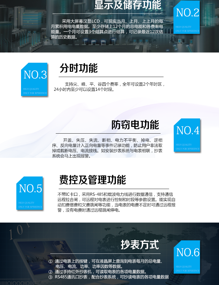華立DDZY285-Z單相電能表主要功能
   電能計量功能
　　計量參數：具有正、反向組合有功電能的計量功能，組合有功電能可由正反向有功電能進(jìn)行選擇性組合。
　　測量功能：能測量電壓、電流(包含零線(xiàn))，有功功率以及功率因數等電網(wǎng)參數。
　　分時(shí)功能：支持尖、峰、平、谷四個(gè)費率，全年可設置2個(gè)年時(shí)區，24小時(shí)內至少可以設置14個(gè)時(shí)段。
　　數據存儲：至少存儲上12個(gè)月的總電能和各費率電能量。一個(gè)月可設置3個(gè)結算點(diǎn)進(jìn)行結算，可記錄最近12次結算的歷史數據。
　　顯示功能：采用大屏幕漢顯LCD，可現實(shí)當月、上月、上上月的每月累積用電電量數據。
　　防竊電功能
　　開(kāi)蓋記錄功能，記錄開(kāi)表蓋總次數，防止非法更改電路。
　　反向電量計入正向電量，用戶(hù)如將電流線(xiàn)接反，不具有竊電作用，電表照樣正向走字
　　具有記錄編程、掉電、校時(shí)、跳閘等事件發(fā)生的時(shí)刻以及事件發(fā)生時(shí)電能表狀態(tài)，防止用戶(hù)更改電表數據。
　　具有凍結和報警功能。
　　以上情況如發(fā)出，電表會(huì )出現報警標志，如安裝抄表系統與電表相聯(lián)，抄表系統會(huì )馬上出現報警。
　　費控功能
　　采用RS-485和載波電力線(xiàn)進(jìn)行數據通信，帶IC卡口，支持通信本地拉合閘。
　　費控管理功能
　　一戶(hù)(表)配套一張電卡，用戶(hù)購電直接用電卡購電，方便操作管理。
　　可通過(guò)遠程對電能表進(jìn)行遠程拉、合閘控制和時(shí)段等參數設置，進(jìn)而對用戶(hù)的用電實(shí)施遠程管理。
　　能實(shí)現自動(dòng)扣費繳費的功能和欠費跳閘等功能，當電表的電費不足時(shí)可以通過(guò)遠程報警，沒(méi)有電費時(shí)通過(guò)遠程跳閘停電，操作管理十分方便。