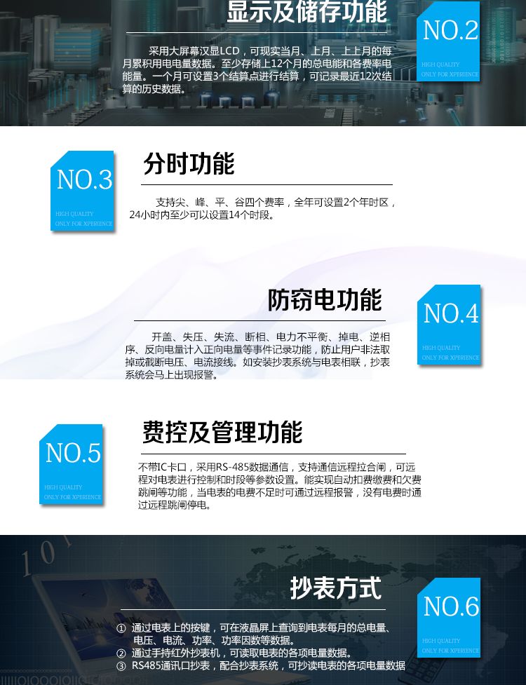 華立DDZY285-J電能表主要功能
　　電能計量功能
　　計量參數：具有正、反向組合有功電能的計量功能，組合有功電能可由正反向有功電能進(jìn)行選擇性組合。
　　測量功能：能測量電壓、電流(包含零線(xiàn))，有功功率以及功率因數等電網(wǎng)參數。
　　分時(shí)功能：支持尖、峰、平、谷四個(gè)費率，全年可設置2個(gè)年時(shí)區，24小時(shí)內至少可以設置14個(gè)時(shí)段。
　　數據存儲：至少存儲上12個(gè)月的總電能和各費率電能量。一個(gè)月可設置3個(gè)結算點(diǎn)進(jìn)行結算，可記錄最近12次結算的歷史數據。
　　顯示功能：采用大屏幕漢顯LCD，可現實(shí)當月、上月、上上月的每月累積用電電量數據。
　　防竊電功能
　　開(kāi)蓋記錄功能，記錄開(kāi)表蓋總次數，防止非法更改電路。
　　反向電量計入正向電量，用戶(hù)如將電流線(xiàn)接反，不具有竊電作用，電表照樣正向走字
　　具有記錄編程、掉電、校時(shí)、跳閘等事件發(fā)生的時(shí)刻以及事件發(fā)生時(shí)電能表狀態(tài)，防止用戶(hù)更改電表數據。
　　具有凍結和報警功能。
　　以上情況如發(fā)出，電表會(huì )出現報警標志，如安裝抄表系統與電表相聯(lián)，抄表系統會(huì )馬上出現報警。
　　費控功能
　　電表不帶IC卡口，采用RS-485和無(wú)線(xiàn)進(jìn)行數據通信，支持通信遠程拉合閘。
　　費控管理功能
　　可通過(guò)遠程對電能表進(jìn)行遠程拉、合閘控制和時(shí)段等參數設置，進(jìn)而對用戶(hù)的用電實(shí)施遠程管理。
　　能實(shí)現自動(dòng)扣費繳費的功能和欠費跳閘等功能，當電表的電費不足時(shí)可以通過(guò)遠程報警，沒(méi)有電費時(shí)通過(guò)遠程跳閘停電，操作管理十分方便。
　　抄表方式
　　通過(guò)電表上的按鍵，可在液晶屏上查詢(xún)到電表每月的總電量、電壓、電流、功率、功率因數等數據。
　　通過(guò)手持紅外抄表機，可讀取電表的各項電量數據。
　　RS485通訊口抄表，配合抄表系統，可抄讀電表的各項電量數據。并支持DL/T645-2007多功能電能表通訊規約。