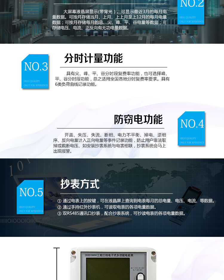 2、防竊電功能
① 開(kāi)蓋記錄功能，防止非法更改電路。
② 電壓合格率、失壓記錄功能，防止用戶(hù)非法取掉或截斷電壓接線(xiàn)，如已發(fā)生，可通過(guò)記錄的時(shí)間核算所損失的電量，為追補電量提供依據。
③ 失流、斷相記錄功能，防止用戶(hù)非法短接電流接線(xiàn)，如已發(fā)生，可通過(guò)記錄的時(shí)間核算所損失的電量，為追補電量提供依據。
④ 電流不平衡記錄：可警惕用戶(hù)在電表接線(xiàn)的前端截取電量。
⑤ 掉電記錄功能，防止用戶(hù)非法取下電表的工作電源，如已發(fā)生，可通過(guò)記錄的時(shí)間核算所損失的電量，為追補電量提供依據。
⑥ 反向電量計入正向電量，用戶(hù)如將電流線(xiàn)接反，電表照樣正向走字，不具有竊電作用。
⑦ 逆相序報警，用戶(hù)非法接線(xiàn)，電表會(huì )報警，除非把線(xiàn)接正確，否則一直報警。
以上情況如發(fā)出，電表會(huì )出現報警標志，如安裝抄表系統與電表相聯(lián)，抄表系統會(huì )馬上出現報警。