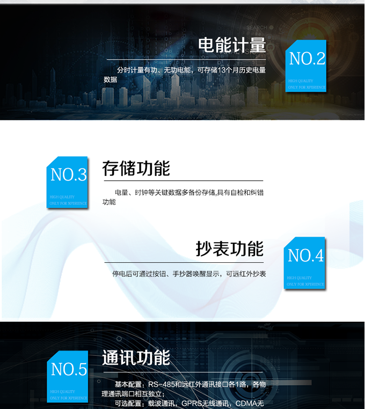 主要功能
　　寬視角、大屏幕液晶顯示，具有豐富的狀態(tài)指示與漢字輔助提示信息;
　　分時(shí)計量正向有功電量、反向有功電量、四象限無(wú)功電量，支持組合有功及四象限無(wú)功任意組合;計量分相的正向有功、反向有功和四象限無(wú)功電量;
　　分時(shí)計量正向有功、反向有功和四象限無(wú)功最大需量及發(fā)生時(shí)間;
　　最多可存儲13個(gè)月歷史電能和需量記錄，電量數據支持最多一月三次結算;
　　最大8費率(增加IC卡預付費功能后最大4費率)，主副兩套時(shí)段，時(shí)鐘雙備份自動(dòng)糾錯;
　　雙備份數據存儲，自動(dòng)參數糾錯;
　　可設置6類(lèi)數據記錄負荷曲線(xiàn)，存儲容量達到2M字節;
　　全面的事件記錄種類(lèi)，具有防竊電開(kāi)蓋檢測功能;
　　記錄并存儲13個(gè)月的電壓質(zhì)量統計數據;
　　豐富的自檢、糾錯和報警功能;