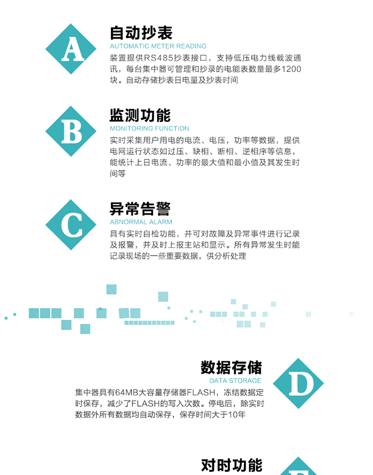 功能及特點(diǎn)：
1、自動(dòng)抄表，裝置提供RS485抄表接口，支持低壓電力線(xiàn)載波通訊，每臺集中器可管理和抄錄的電能表數量最多1200塊。自動(dòng)存儲抄表日電量及抄表時(shí)間
2、監測功能, 實(shí)時(shí)采集用戶(hù)用電的電流、電壓，功率等數據，提供電網(wǎng)運行狀態(tài)如過(guò)壓、缺相、斷相、逆相序等信息，能統計上日電流、功率的最大值和最小值及其發(fā)生時(shí)間等
3、異常告警，具有實(shí)時(shí)自檢功能，并可對故障及異常事件進(jìn)行記錄及報警，并及時(shí)上報主站和顯示。所有異常發(fā)生時(shí)能記錄現場(chǎng)的一些重要數據，供分析處理
4、數據存儲，集中器具有64MB大容量存儲器FLASH，凍結數據定時(shí)保存，減少了FLASH的寫(xiě)入次數。停電后，除實(shí)時(shí)數據外所有數據均自動(dòng)保存，保存時(shí)間大于10年。
