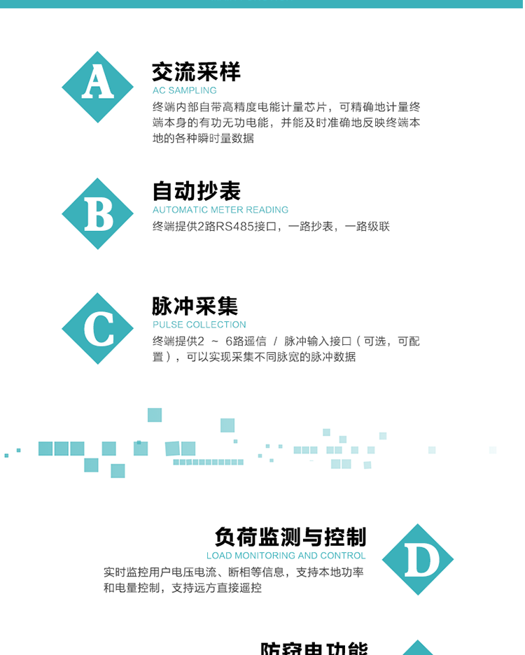 功能及特點(diǎn)：
1、交流采樣, 終端內部自帶高精度電能計量芯片，可精確地計量終端本身的有功無(wú)功電能，并能及時(shí)準確地反映終端本地的各種瞬時(shí)量數據。
2、自動(dòng)抄表，終端提供2路RS485接口，一路抄表，一路級聯(lián)
3、脈沖采集，終端提供2 ~ 6路遙信 / 脈沖輸入接口（可選，可配置），可以實(shí)現采集不同脈寬的脈沖數據
4、負荷監測與控制，實(shí)時(shí)監控用戶(hù)電壓電流、斷相等信息，支持本地功率和電量控制，支持遠方直接遙控