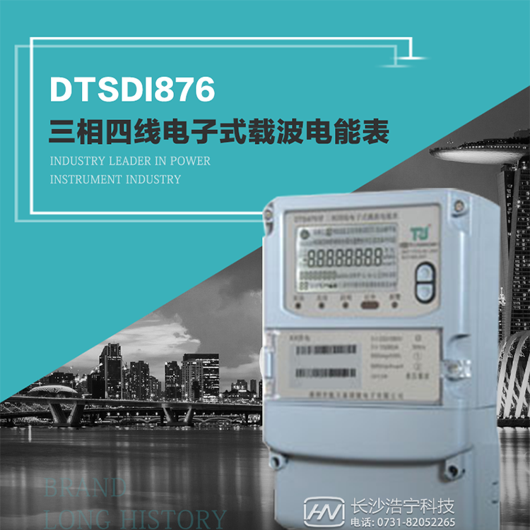 產(chǎn)品型號：DTSDI876 型三相四線(xiàn)電子式載波電能表
精度等級：有功1級,無(wú)功2級 
額定電壓： 3×100V 、 3×57.7/100V、 3×220/380V 
額定電流： 0.3(1.2)A～30(100)A 
頻 率： 50HZ 
工作溫度：-40℃～+70℃ 
顯示方式： 液晶 
整機功耗： 
重量： 約2.3kg 
外形尺寸： 265mm?170mm?75mm