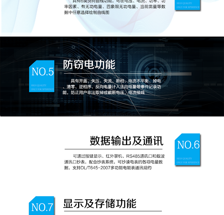 主要功能
　　電能計量功能
　　可分時(shí)計量有功、無(wú)功、正向有功、反向有功、正向無(wú)功、反向無(wú)功電量和四象限無(wú)功等電量。
　　最大需量測量功能
　　可測量雙向有功、雙向無(wú)功和四象限無(wú)功的最大需量及其發(fā)生時(shí)間。
　　參數測量監視功能
　　可監測各相電壓、電流實(shí)時(shí)值，三相總及A、B、C各相有功功率、無(wú)功功率、功率因數、相角、相位等實(shí)時(shí)參數。
　　分時(shí)復費率功能
　　具有尖、峰、平、谷分時(shí)段復費率功能，最大可設置8費率。
　　防竊電功能
　　具有開(kāi)蓋、失壓、失流、斷相、電流不平衡、掉電、清零、逆相序、反向電量計入正向電量等事件記錄功能，防止用戶(hù)非法取掉或截斷電壓、電流接線(xiàn)。
