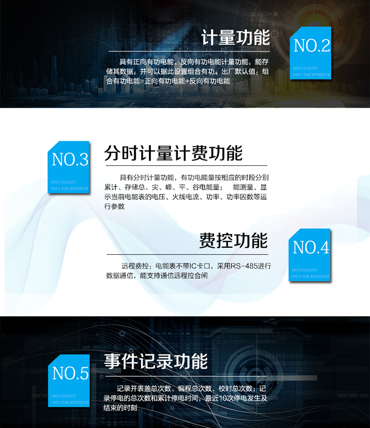 主要功能：
具有雙向分時(shí)計量、信息存儲及處理、測量及監測、數據凍結、安全認證、遠程費控、停電抄表等功能，記錄各類(lèi)事件。
通訊方式：485通訊，紅外通訊，相互獨立。