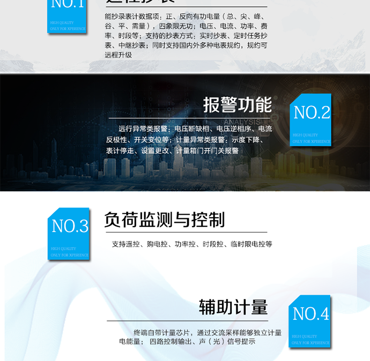 產(chǎn)品特點(diǎn)
遠程抄表：
能抄錄表計數據項：正、反向有功電量（總、尖、峰、谷、平、需量），四象限無(wú)功；
電壓、電流、功率、費率、時(shí)段等；
支持的抄表方式：實(shí)時(shí)抄表、定時(shí)任務(wù)抄表、中繼抄表；
同時(shí)支持國內外多種電表規約，規約可遠程升級；
用電現場(chǎng)檢測
遠行異常類(lèi)報警：電壓斷缺相、電壓逆相序、電流反極性、開(kāi)關(guān)變位等；
計量異常類(lèi)報警：示度下降、表計停走、設置更改、計量箱門(mén)開(kāi)門(mén)關(guān)報警；
負荷監測與控制
支持遙控、購電控、功率控、時(shí)段控、臨時(shí)限電控等；