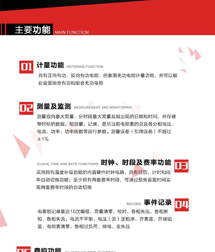 主要功能
1. 電能計量
具有正向有功、反向有功電能、四象限無(wú)功電能計量功能，并可以據此設置組合有功和組合無(wú)功電能。
2. 需量計量
測量雙向最大需量、分時(shí)段最大需量及其出現的日期和時(shí)間，并存儲帶時(shí)標的數據。
3. 測量及監測
能測量、記錄、顯示當前電能表的總及各分相電壓、電流、功率、功率因數等運行參數。測量誤差（引用誤差）不超過(guò)±1%。
4. 時(shí)鐘、時(shí)段及費率功能
采用具有溫度補償功能的內置硬件時(shí)鐘電路，具有日歷、計時(shí)和閏年自動(dòng)切換功能。內部時(shí)鐘端子輸出頻率為1Hz。至少具有兩套費率時(shí)段，可通過(guò)預先設置時(shí)間實(shí)現兩套費率時(shí)段的自動(dòng)切換。每套費率時(shí)段全年至少可設置2個(gè)時(shí)區，24小時(shí)內至少可以設置8個(gè)時(shí)段，時(shí)段最小間隔為15分鐘，并且時(shí)段間隔大于表內設定的需量周期值，時(shí)段可跨越零點(diǎn)設置。
5. 費控功能 
電能表費控功能的實(shí)現方式通過(guò)CPU卡等固態(tài)介質(zhì)實(shí)現。具有兩套階梯電價(jià)計費方式，并可在設置時(shí)間點(diǎn)啟用另一套階梯電價(jià)計費。
6. 無(wú)線(xiàn)通信
通過(guò)無(wú)線(xiàn)通信與主站通信。支持在安全認證前提下，通過(guò)無(wú)線(xiàn)網(wǎng)絡(luò )信道修改費率時(shí)段表及電價(jià)。
7. 事件記錄
電表能記錄最近10次編程、需量清零、校時(shí)、各相失壓、各相斷相、各相失流、電流不平衡、電壓（流）逆相序、開(kāi)表蓋、開(kāi)端鈕蓋、電能表清零、各相過(guò)負荷、掉電、全失壓。
8. 凍結
具有定時(shí)凍結、瞬時(shí)凍結、約定凍結和日凍結功能。
9.　負荷記錄
記錄正反向有功總電能、無(wú)功總電能、四象限無(wú)功總電能、組合有功、組合無(wú)功1、組合無(wú)功2，負荷記錄間隔時(shí)間可以在1～60min范圍內設置，時(shí)間間隔為1min的情況下可記錄不少于40天的數據容量。
10. 停電抄表
在停電狀態(tài)下，能通過(guò)按鍵或非接觸方式喚醒電能表，抄讀電能量等數據。
11. 擴展功能
計量視在電能、諧波電壓、電流、電量的監測、電能質(zhì)量監測和計算鐵損、銅損。 