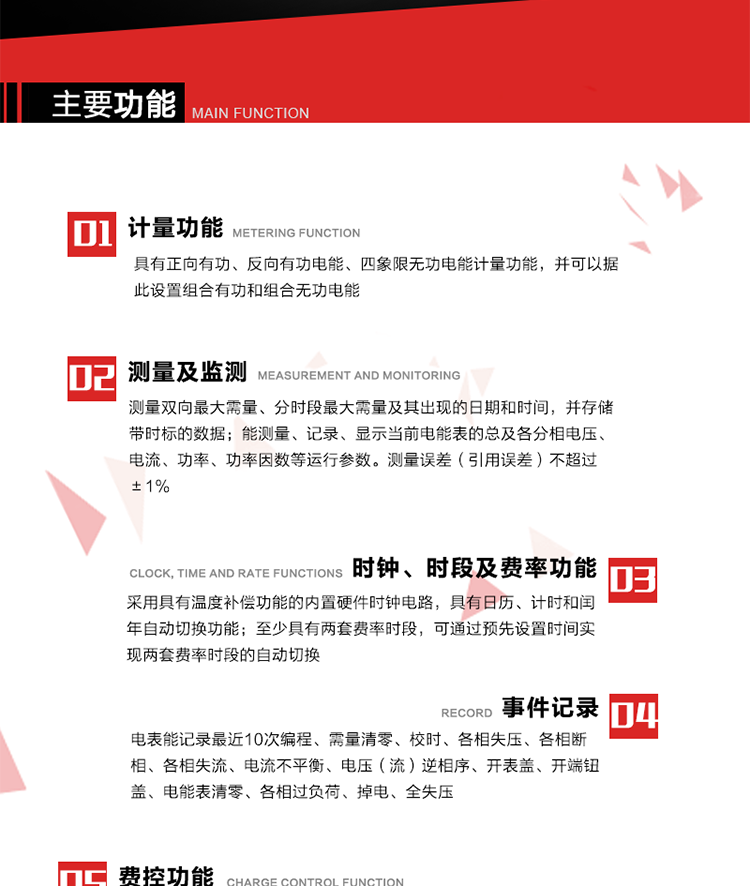 主要功能
1. 　電能計量
具有正向有功、反向有功電能、四象限無(wú)功電能計量功能，并可以據此設置組合有功和組合無(wú)功電能。
2. 　需量計量
測量雙向最大需量、分時(shí)段最大需量及其出現的日期和時(shí)間，并存儲帶時(shí)標的數據。
3. 　測量及監測
能測量、記錄、顯示當前電能表的總及各分相電壓、電流、功率、功率因數等運行參數。測量誤差（引用誤差）不超過(guò)±1%。
4. 　時(shí)鐘、時(shí)段及費率功能
采用具有溫度補償功能的內置硬件時(shí)鐘電路，具有日歷、計時(shí)和閏年自動(dòng)切換功能。內部時(shí)鐘端子輸出頻率為1Hz。至少具有兩套費率時(shí)段，可通過(guò)預先設置時(shí)間實(shí)現兩套費率時(shí)段的自動(dòng)切換。每套費率時(shí)段全年至少可設置2個(gè)時(shí)區，24小時(shí)內至少可以設置8個(gè)時(shí)段，時(shí)段最小間隔為15分鐘，并且時(shí)段間隔大于表內設定的需量周期值，時(shí)段可跨越零點(diǎn)設置。
5. 　費控功能 
電能表費控功能的實(shí)現方式通過(guò)公網(wǎng)等虛擬介質(zhì)和遠程售電系統實(shí)現。
6. 　無(wú)線(xiàn)通信
通過(guò)無(wú)線(xiàn)通信與主站通信。支持在安全認證前提下，通過(guò)無(wú)線(xiàn)網(wǎng)絡(luò )信道修改費率時(shí)段表及電價(jià)。
7. 　事件記錄
電表能記錄最近10次編程、需量清零、校時(shí)、各相失壓、各相斷相、各相失流、電流不平衡、電壓（流）逆相序、開(kāi)表蓋、開(kāi)端鈕蓋、電能表清零、各相過(guò)負荷、掉電、全失壓。
8. 　凍結
具有定時(shí)凍結、瞬時(shí)凍結、約定凍結和日凍結功能。
9.　 負荷記錄
記錄正反向有功總電能、無(wú)功總電能、四象限無(wú)功總電能、組合有功、組合無(wú)功1、組合無(wú)功2，負荷記錄間隔時(shí)間可以在1～60min范圍內設置，時(shí)間間隔為1min的情況下可記錄不少于40天的數據容量。
10. 　停電抄表
在停電狀態(tài)下，能通過(guò)按鍵或非接觸方式喚醒電能表，抄讀電能量等數據。
11. 擴展功能
計量視在電能、諧波電壓、電流、電量的監測、電能質(zhì)量監測和計算鐵損、銅損。 