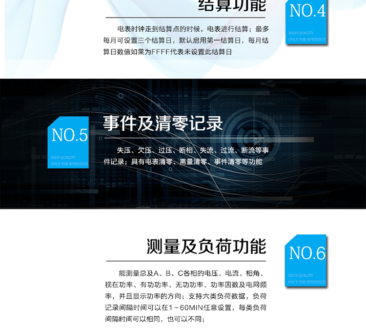 2.3需量計量
 能夠計量正、反向有功，正、反向視在，1、2、3、4象限無(wú)功，組合無(wú)功1、2的最大需量和發(fā)生時(shí)間。
 需量周期和滑差時(shí)間可在1～60min分鐘范圍內設置，但應該滿(mǎn)足：需量周期大于滑差時(shí)間且為其的整數倍，需量周期可在5、10、15、30、60min中選擇；滑差式需量周期的滑差時(shí)間可以在1、2、3、5min中選擇。需量周期應為滑差時(shí)間的5的整倍數，且該倍數小于等于15。
 當發(fā)生電壓線(xiàn)路上電、時(shí)段轉換、清零、時(shí)鐘調整、需量周期改變、功率潮流方向轉換等情況時(shí)，電能表從當前時(shí)刻開(kāi)始，按照需量周期進(jìn)行需量測量，當第一個(gè)需量周期完成后，按滑差間隔開(kāi)始最大需量記錄。其中，發(fā)生時(shí)段轉換時(shí)，總需量繼續按滑差測量，分時(shí)需量按需量周期重新開(kāi)始測量。
 在一個(gè)不完整的需量周期內或修改需量周期時(shí)，不做最大需量的記錄。
 能存儲12個(gè)結算日最大需量數據。
 需量顯示小數位數出廠(chǎng)缺省為4位小數。
2.4結算功能
 本表除給出有、無(wú)功當前總及分時(shí)電量、最大需量及其發(fā)生時(shí)間外，還存儲了上1到上12個(gè)結算周期的歷史數據（包含組合有功、正反向有功、組合無(wú)功1和組合無(wú)功2、四象限無(wú)功、各元件有功、無(wú)功總電量以及分時(shí)電量；正反向有功、組合無(wú)功1和組合無(wú)功2、四象限無(wú)功的最大需量及其出現時(shí)間。）。當電表時(shí)鐘走到結算點(diǎn)的時(shí)候，電表進(jìn)行結算。電能表結算時(shí)，先把當前的電量、最大需量及其發(fā)生時(shí)間存入上一結算日，再把當前的最大需量及其發(fā)生時(shí)間清零，計算需量的累加單元清零，需量重新開(kāi)始計算。
 如果電表掉電跨過(guò)結算點(diǎn)時(shí)，上電后電表不補結算。
 最多每月可設置三個(gè)結算日，默認啟用第一結算日，每月結算日數值如果為FFFF代表未設置此結算日。
 需量結算是只在每月第一結算日結算一次，如果起用了其它結算日，在該結算點(diǎn)結算時(shí)，則對應的這個(gè)結算日需量數據補FF。
 電壓合格率只在第一結算日進(jìn)行結算，在啟用其它結算日進(jìn)行結算時(shí)，電壓合格率都不進(jìn)行結算。
