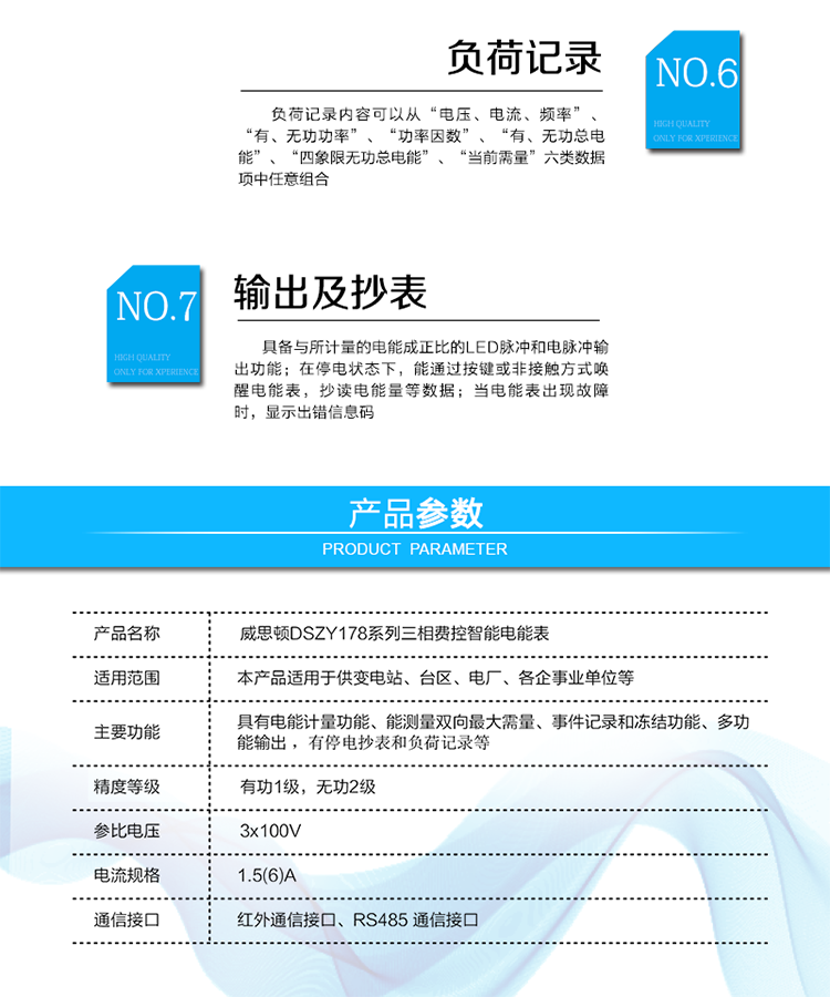 主要功能
計量功能
具有正、反向有功電能、四象限無(wú)功電能計量功能；具有分時(shí)計量功能；具有計量分相有功電能量功能；能存儲12個(gè)結算日電量數據。
測量及監測
能測量雙向最大需量、分時(shí)段最大需量及其出現的日期和時(shí)間；
能測量當前電能表的電壓、電流、功率、功率因數等運行參數。
事件記錄
記錄最近10次編程、需量清零、校時(shí)、各相失壓、各相斷相、各相失流、各相過(guò)負荷、電流不平衡、電壓（流）逆相序、開(kāi)表蓋、開(kāi)端鈕蓋、全失壓、掉電、遠程控制拉閘、遠程控制合閘等事件。
顯示功能
高對比度、寬視角、帶背光的LCD（數值顯示位數8）。
報警功能
當電能表出現故障時(shí)，顯示出錯信息碼。
凍結功能
支持定時(shí)凍結、瞬時(shí)凍結、約定凍結、日凍結、整點(diǎn)凍結等。
計時(shí)功能
采用具有溫度補償功能的內置硬件時(shí)鐘電路，具有日歷、計時(shí)、閏年自動(dòng)轉換功能。
脈沖輸出
具備與所計量的電能成正比的LED脈沖和電脈沖輸出功能。
負荷記錄
負荷記錄內容可以從“電壓、電流、頻率”、“有、無(wú)功功率”、“功率因數”、“有、無(wú)功總電能”、“四象限無(wú)功總電能”、“當前需量”六類(lèi)數據項中任意組合。
停電抄表
在停電狀態(tài)下，能通過(guò)按鍵或非接觸方式喚醒電能表，抄讀電能量等數據。
費控功能
通過(guò)RS485和遠程售電系統實(shí)現費控功能。通過(guò)嚴格的密碼驗證或ESAM模塊等安全認證，確保數據傳輸安全可靠。
