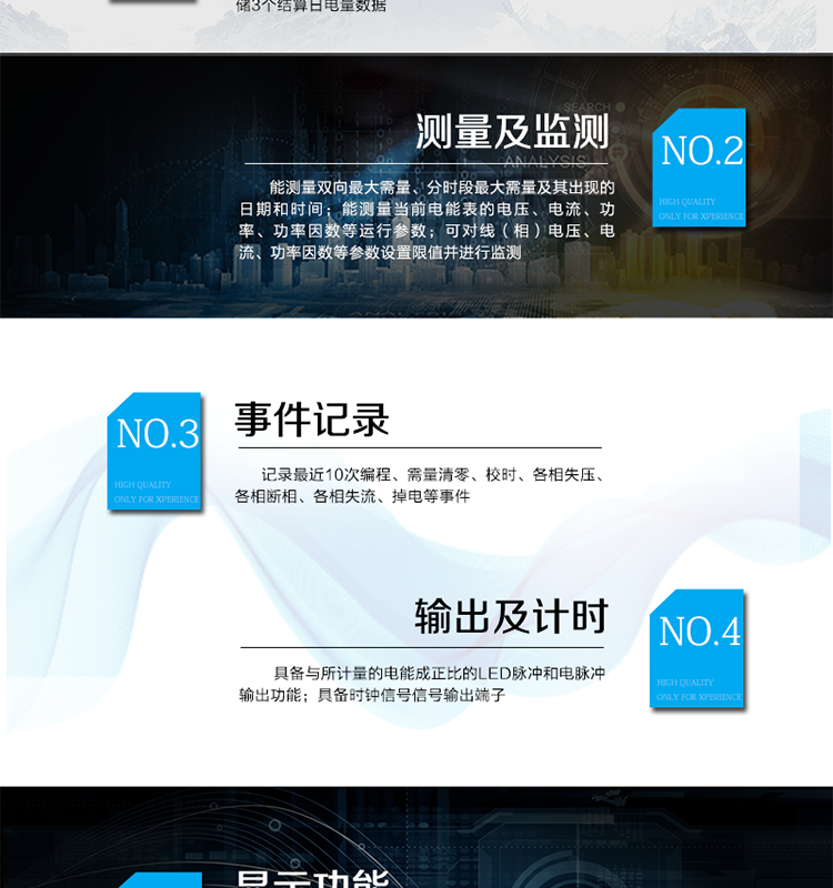 產(chǎn)品特點(diǎn)
精確計量三相交流有功電能
具有防竊電功能,反向有功電量計入正向有功電量
量程寬、精度高、壽命長(cháng)、免調校、免維護
具有RS485和紅外通訊接口（可選）
具有LCD/計度器顯示（可選）
具有無(wú)源光電隔離脈沖接口
具有背景光功能（可選）
具有電壓檢測、缺相、逆相序指示功能
具有反向電能指示功能
具有電流反向指示功能
具有脈沖和通訊指示燈
具有停電抄表功能（可選）
具有逆相序、斷相報警功能