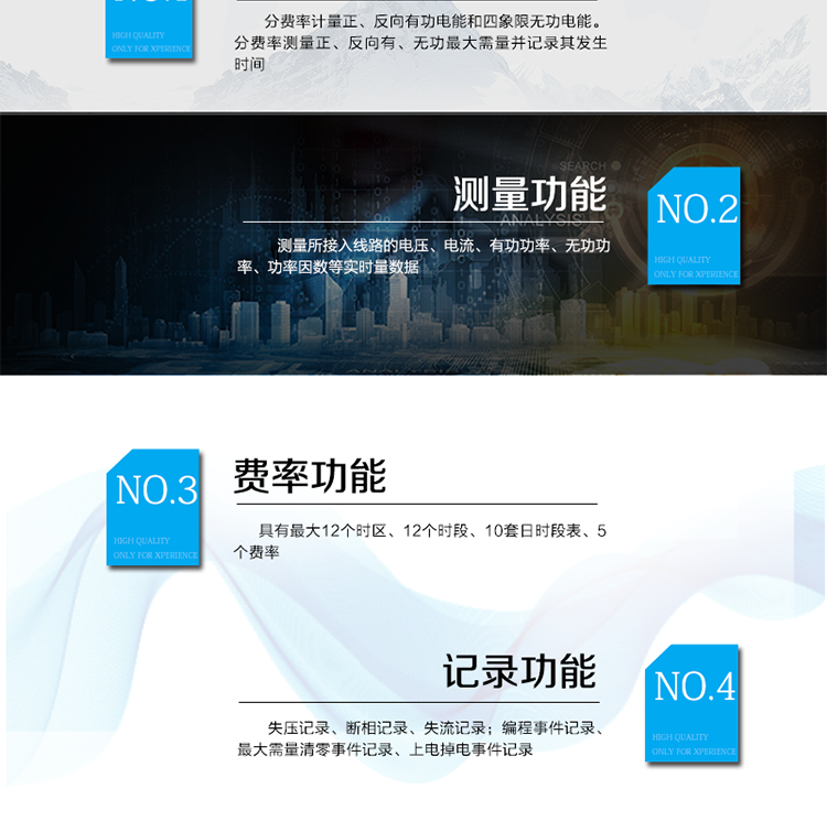 主要功能
電能計量功能
具有正、反向有功, 無(wú)功四象限電能計量功能；
具有分時(shí)計量功能；具有計量分相有功電能量功能。
需量測量功能
有功需量測量、無(wú)功需量測量、結算日需量
實(shí)時(shí)量測量功能
測量、記錄、顯示當前電能表的總及各分相電壓、電流、功率、功率因數、頻率、表內溫度等運行參數。
提供越限監測功能。
時(shí)鐘功能
采用具有溫度補償功能的內置硬件時(shí)鐘電路，具有日歷、計時(shí)和閏年自動(dòng)切換功能。
費率、時(shí)段功能
事件記錄功能
凍結功能
定時(shí)凍結、瞬時(shí)凍結、約定凍結、日凍結、整點(diǎn)凍結
負荷記錄功能
電壓合格率統計功能
可記錄12個(gè)月的電壓統計數據。
報警功能
光報警、聲報警、LCD顯示報警
安全防護功能
密碼防護、編程開(kāi)關(guān)防護
通訊功能
至少具有一個(gè)紅外通信接口、兩個(gè)RS485通信接口。
校時(shí)功能
可通過(guò)RS485、紅外等通信接口對電能表校時(shí)。
電表清零功能
停電抄表功能
在停電狀態(tài)下，能通過(guò)按鍵或非接觸方式喚醒電能表，實(shí)現屏幕顯示抄讀電量和紅外通信口抄讀到當前電量和最近一次結算電量等數據。
輔助電源*（可選項）
保電功能*（可選項）
遠程保電功能、自保電功能